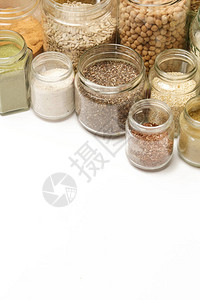 以谷物种子豆类面粉和各种食品成分为主的罐子最佳视图高清图片