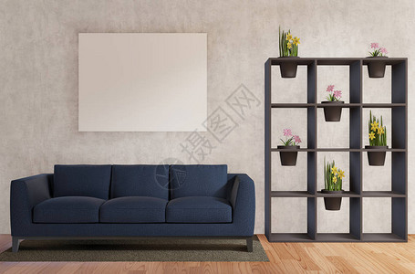 带沙发鲜花混凝土墙木地板3d渲染的客厅图片