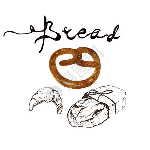 面包烘焙产品水彩和钢笔素描与刻字新鲜的面包法式长棍面包羊角面包和甜面包椒盐卷饼天然有机面包面图片