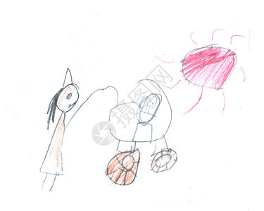 蜡笔像孩子的彩色卡片用手绘白色婴儿车的女孩手绘艺术背景喜欢儿童画粉图片