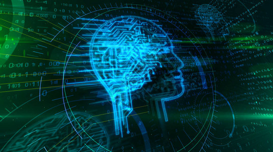人工智能深度机器学习和网络思维概念3d插图动态数字背景下具有未来控制论大脑的脸形全息图深图片