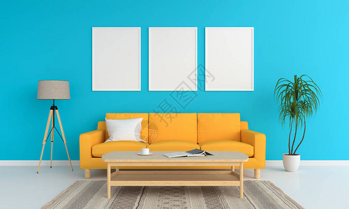 夏季海报背景客厅模型的三张空白照片框夏季颜色概背景