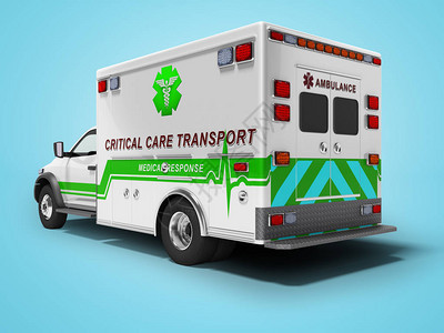 现代的绿色3d救护车概念将阴影插入蓝色图片