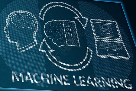 像素屏幕上的机器学习显示器或信息台的透视图与人脑和计算机处理器交换信息ML和人工智能图片