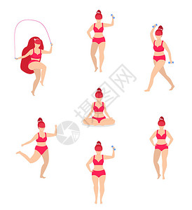 女孩做运动瑜伽运动慢跑跳绳健身哑铃锻炼图片