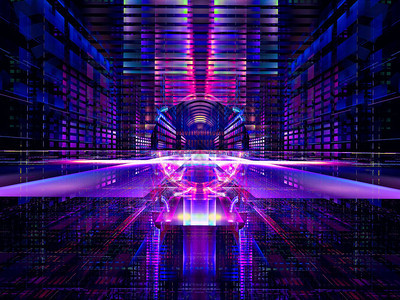蓝色和紫色背景与网格和灯光效果抽象的计算机生成的3d插图分形艺术图片