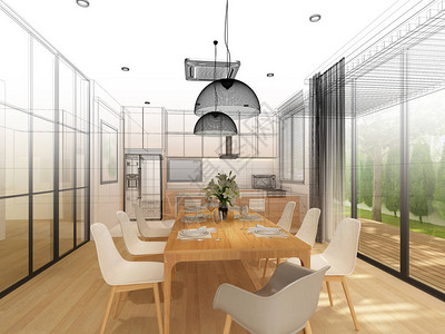 室内餐厅草图设计3d渲染背景图片