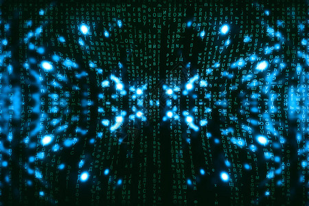 蓝绿色矩阵数字背景抽象的网络空间概念绿色字符掉下来自符号流的矩阵虚拟现实设计复杂的算法数据黑客图片