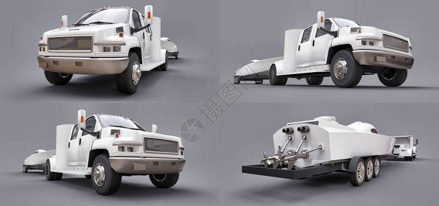 设置白色卡车和拖车用灰色背景运输赛艇图片