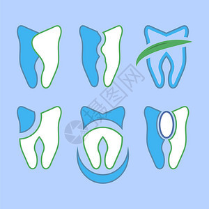 蓝色背景上的健康人类牙齿标志牙科诊所或牙医疗中心的图片