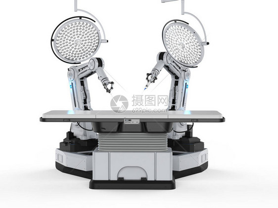 具有白色背景手术灯的3D渲染机器人手术机的图片