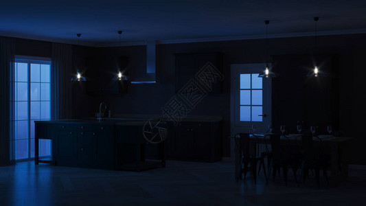 现代室内黑色厨房内夜晚灯图片