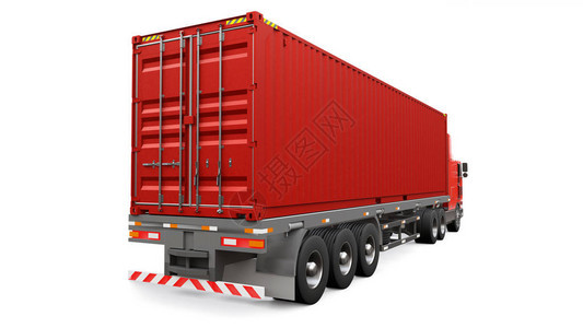 一辆带有睡眠部分和空气动力学延伸部分的大型复古红色卡车携带一辆装有海运集装箱的拖车图片