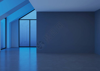 现代房屋内部空荡的房间晚上照明3D渲染图片