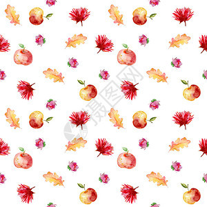 无缝图案与水彩秋季元素干黄叶苹果和花朵适用于包装设计织物印刷卡片包图片