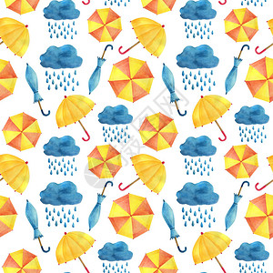 带雨伞云和雨的水彩无缝图案白色背景上的可爱手绘插图儿童季节秋春装饰纺织品卡片图片