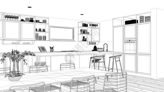蓝图项目草案顶层公寓简约厨房室内设计岛屿和凳子餐桌橱柜和配件镶木地板图片
