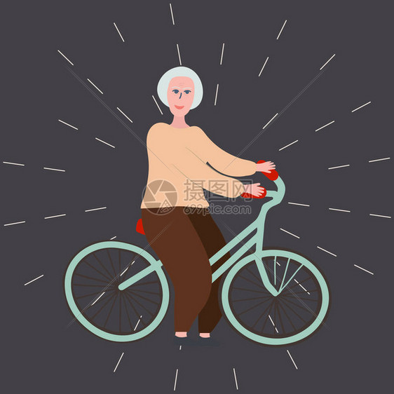 骑自行车的老年女老年人健康的生活方式概念平面卡通图片