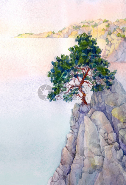 在光纸背景上手绘水彩素描文本的空间暮光港安静的春天生活陡峭的峡谷艺术品场景海湾黄昏景观手图片