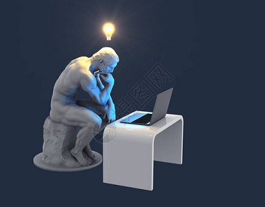 雕塑思考者头上戴着笔记本电脑和发光灯泡作为新想法的象征蓝色图片