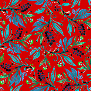 花水彩无缝图案与叶子和浆果在红色背景上的绿色和蓝色颜标题背景博客图片装饰壁纸纺织品织物图片