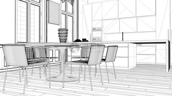 蓝图项目草案带装饰条的经典房间的简约厨房镶木地板带椅子的餐桌现代建筑图片