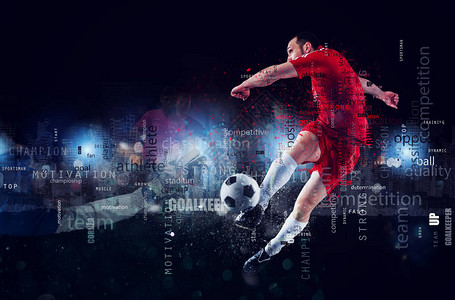 足球员在比赛中的足球场面覆盖最常用术语的文本效果抽象背景图片