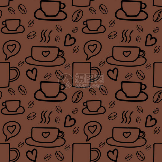 咖啡豆和杯子手绘涂鸦风格无缝图案简单的班轮斯堪的纳维亚风格的饮料纺织品纸张菜单咖啡馆图片