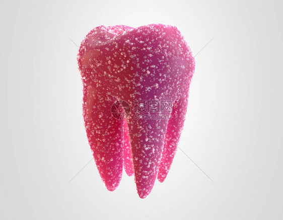 显示由粉红色果冻胶糖制成的单颗臼齿图片