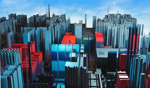 人类站在分形多彩红色和蓝色城市上图片