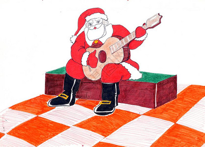 圣诞老人弹吉他的手绘彩色绘图图片