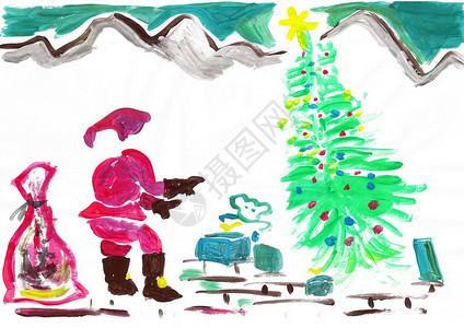 在山之间画着圣诞老人的彩色自手画与礼物袋图片