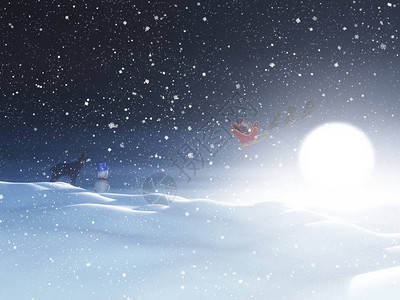 3D夜间雪地景观天空有雪人驯图片