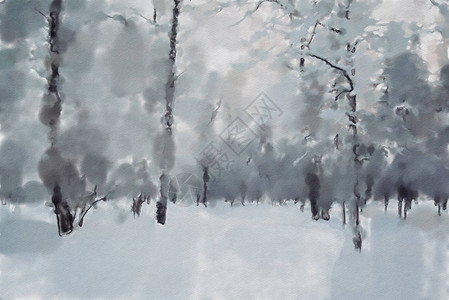 水彩色丰富的插画被雪覆盖的冰冻森林图片
