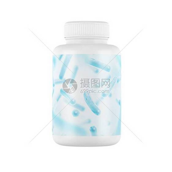 孤立在白色背景上的白色益生菌塑料药瓶图片