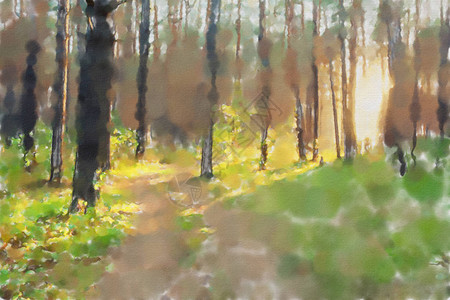 山水插画水彩色丰富的插画日落森林背景