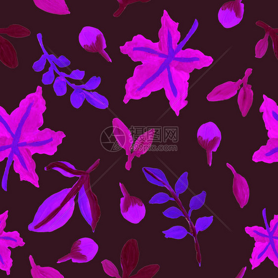 与紫色秋叶在深色背景上的无缝模式手绘涂鸦水粉和水彩画花卉装饰纹理用于纺织品明图片