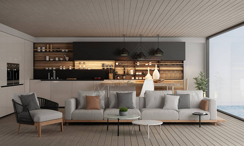 3d提供现代豪华生活和餐厅室内设计和海景背图片