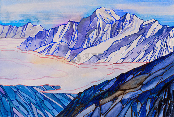 云中冬季山景的水彩手绘插图图片