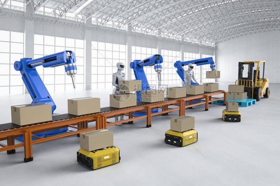 自动化工厂概念有3D制成机器人装图片