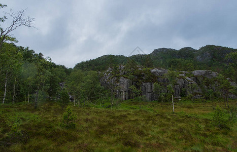 在前往峡湾Lysefjord挪威的传教士讲坛岩途中的山脉自然和旅行背景Tjodnane湖图片