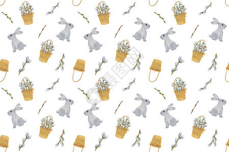 可爱的复活节小兔子柳条篮和褪色柳枝重复图案图片