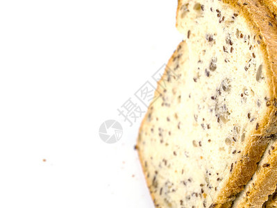 在白色背景上用亚麻籽切片面包面包日厨房文本的地方烘焙食品背景图图片