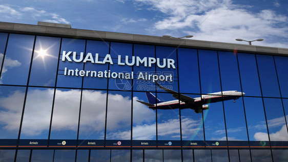 喷气式飞机降落在马来西亚吉隆坡3D渲染插图带着玻璃机场航站楼和飞机的倒影抵达城市旅行商务旅图片