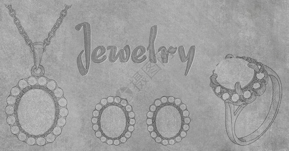 珠宝用灰色背景上的宝石绘制项链和戒指的铅笔画背景与手绘钻石戒指创意和广背景图片