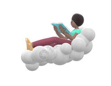 一个年轻开朗的非洲女孩躺在天空中的云上看书在白色背景上隔离的休闲彩色衣服的积极格有趣快乐的卡通人学生青少年最小风格图片