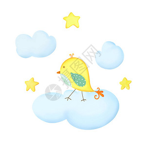 可爱的孩子在白色背景上的插图有趣的鸟坐在被星包围的云上儿童纺织品服装和婴儿用品生日或婴儿图片