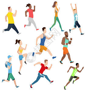 平面设计风格的跑步男女的集合运动跑积极健身运动和运动员各种运动作平面卡通风格侧面图简单的设计J背景图片
