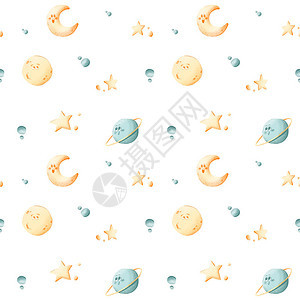可爱的纹理婴儿温柔的蓝色和黄色微笑行星和云彩的数字插图无缝图案印刷儿童纺织品书籍图片