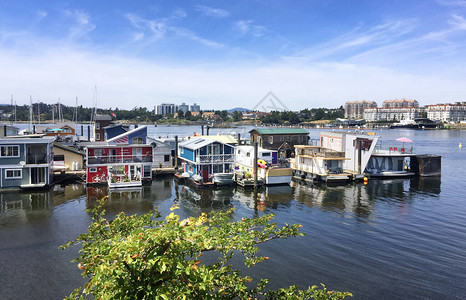 维多利亚市内港景观五颜六色的浮动房屋村加拿大温哥华岛维多图片